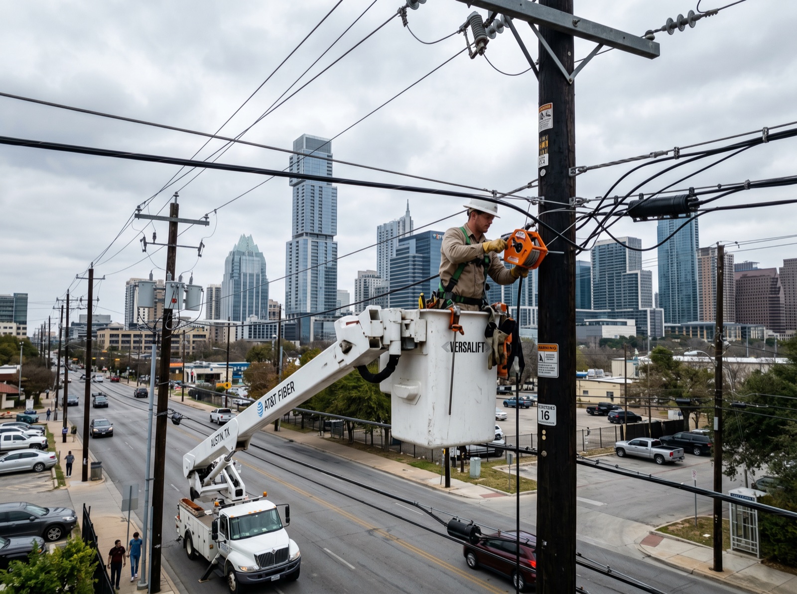 Aerial fiber construction in progress in Austin, Texas