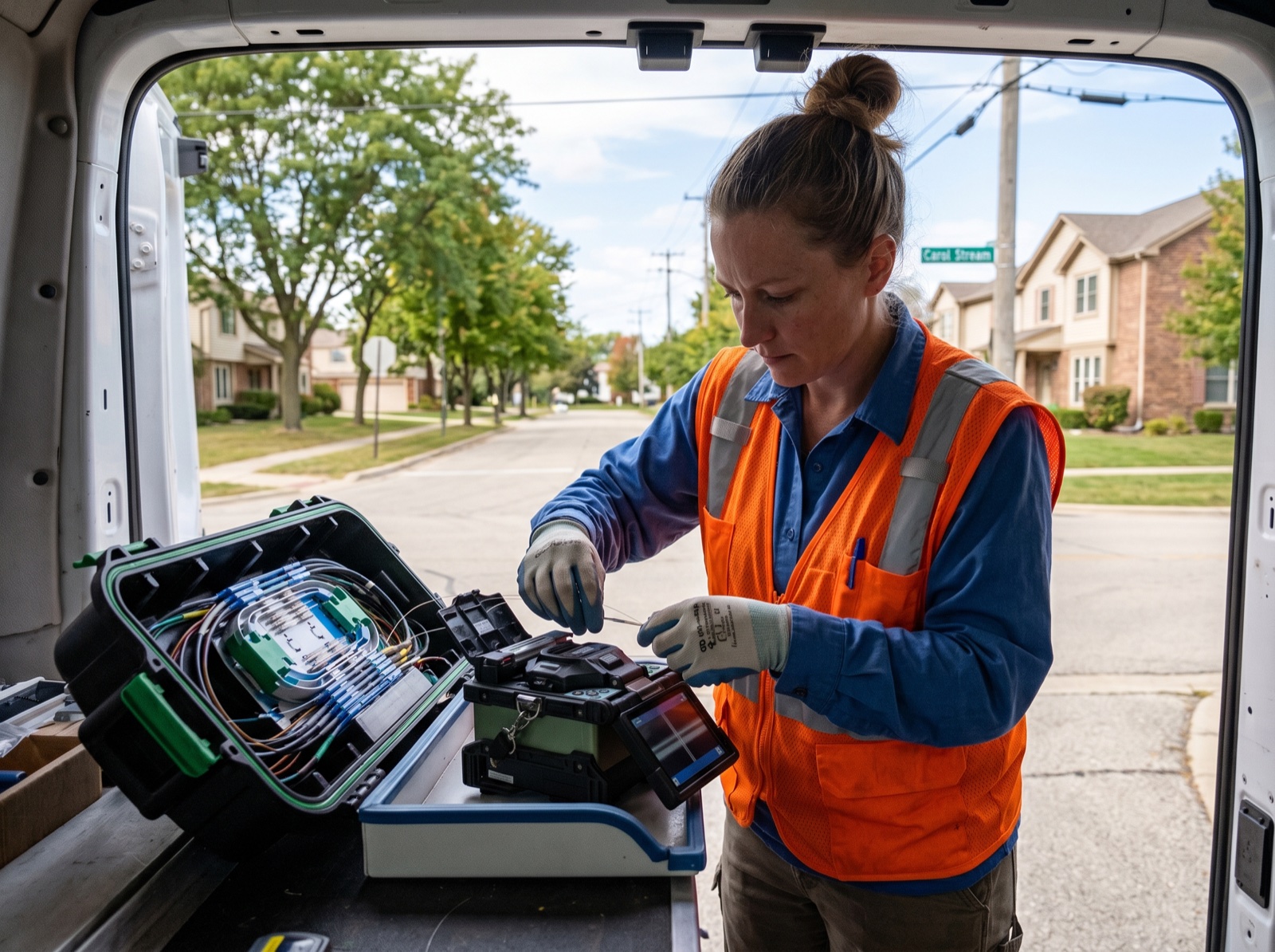 Fiber splice crew completing FTTH deployment in Carol Stream, Illinois